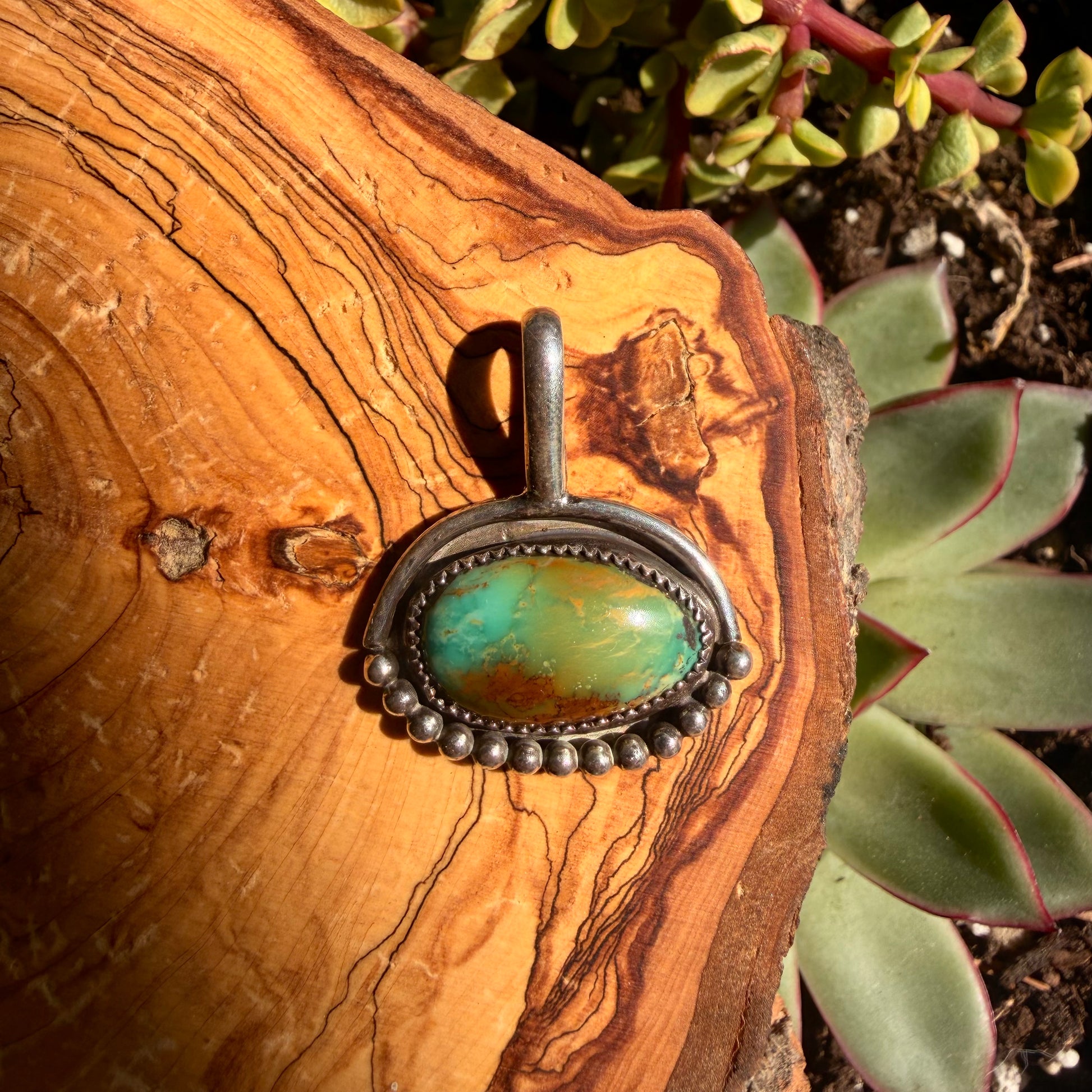 Turquoise pendant on wood and blurred green backgorund