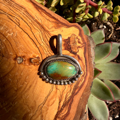 Turquoise pendant on wood and blurred green backgorund