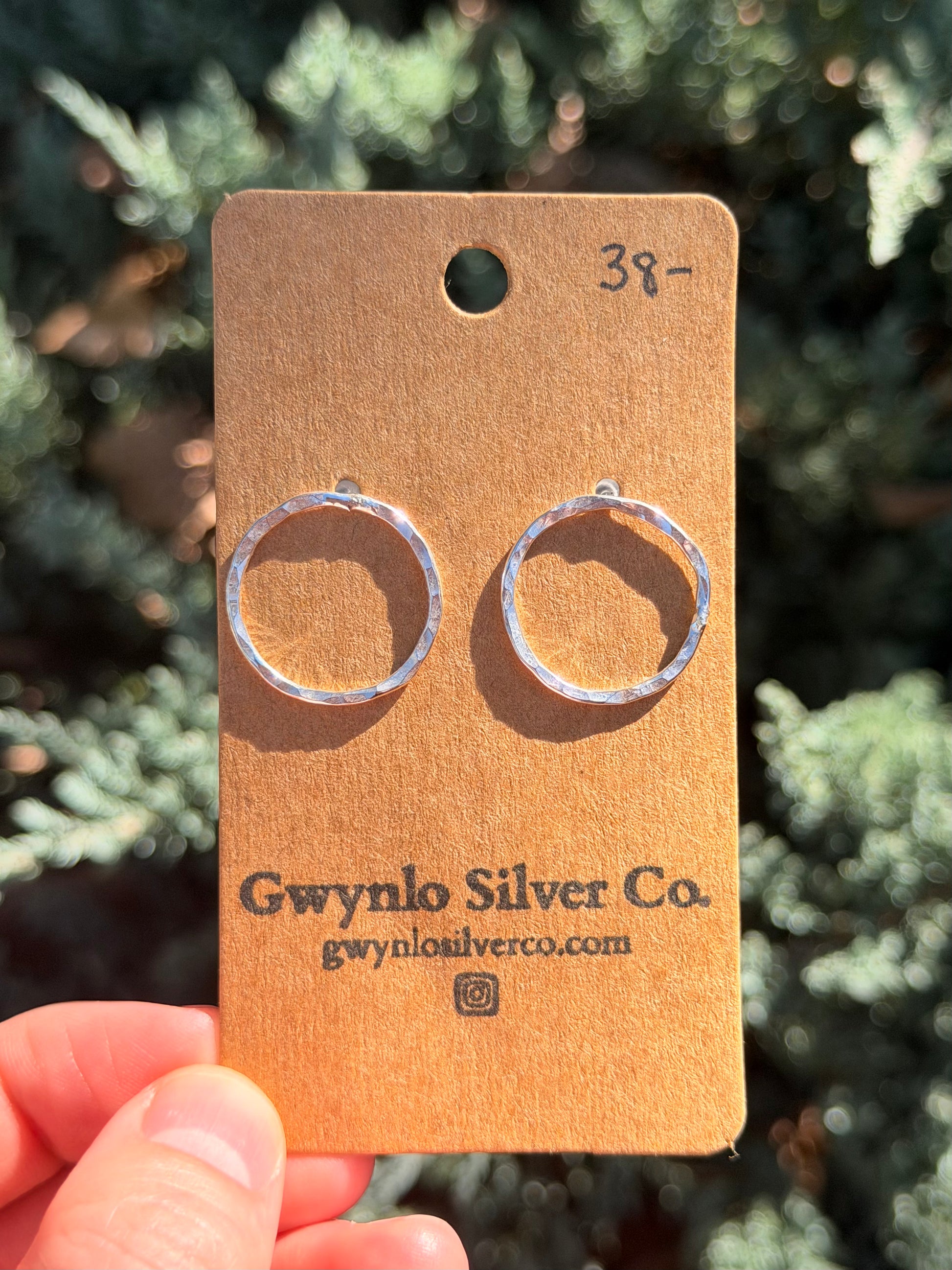 silver hoops on cardboard earring card with blurred green background.