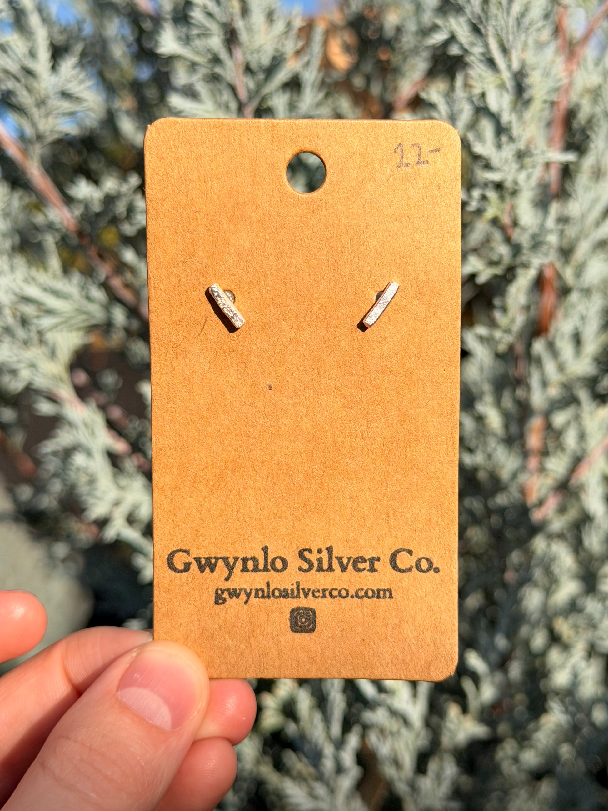A pair of small silver stud earrings displayed on a tan cardboard backing card held by a hand, with blurred green foliage in the background.