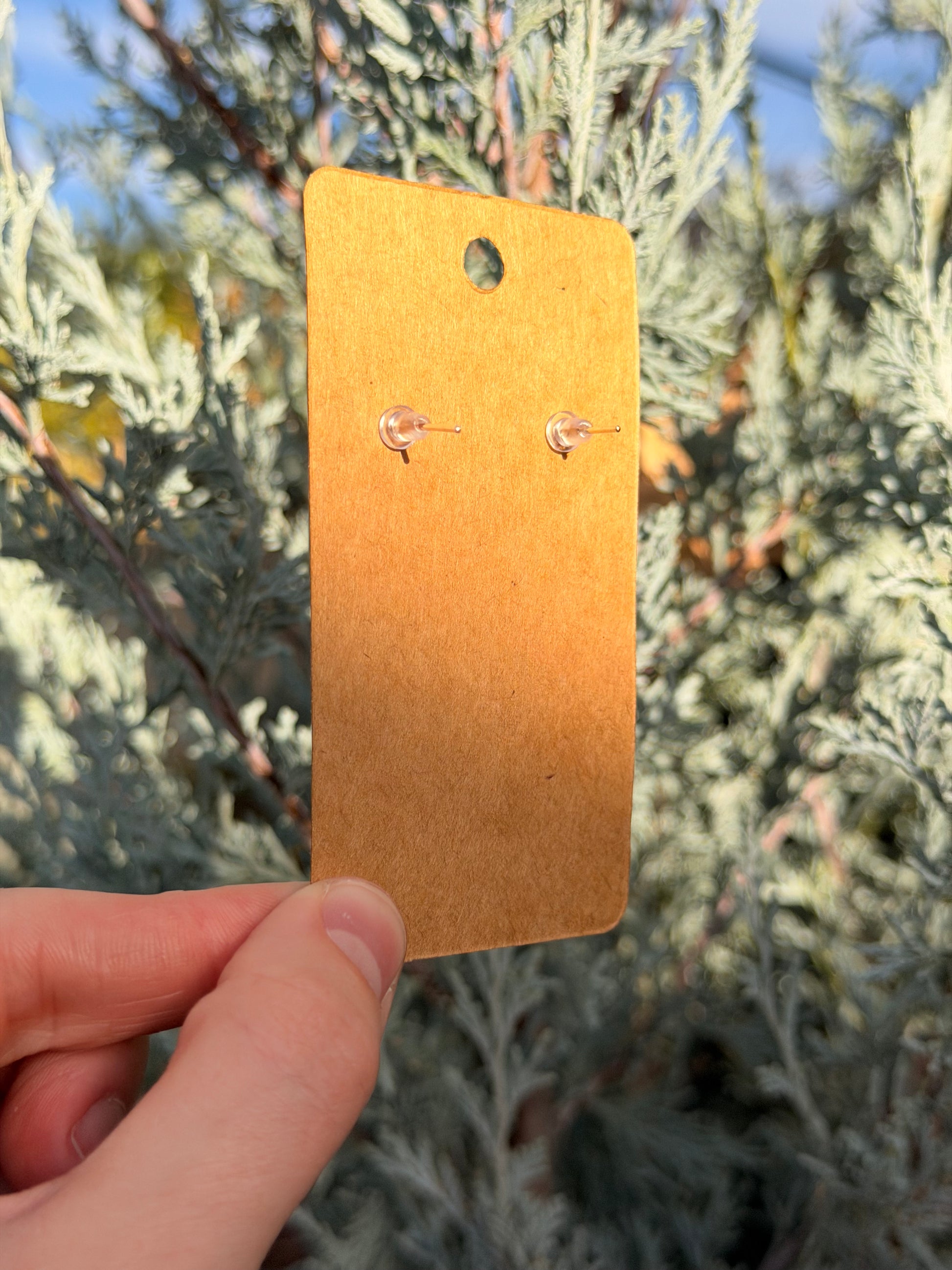 A pair of small stud earrings displayed on a blank kraft paper card, held by a hand against a blurred background of blue-green foliage.