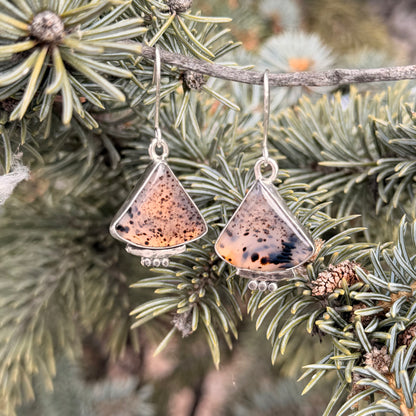 Triangle-shaped earrings with speckled design hanging on a branch of a pine tree.