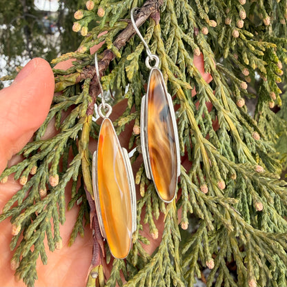 Ornate earrings held against a green leafy background