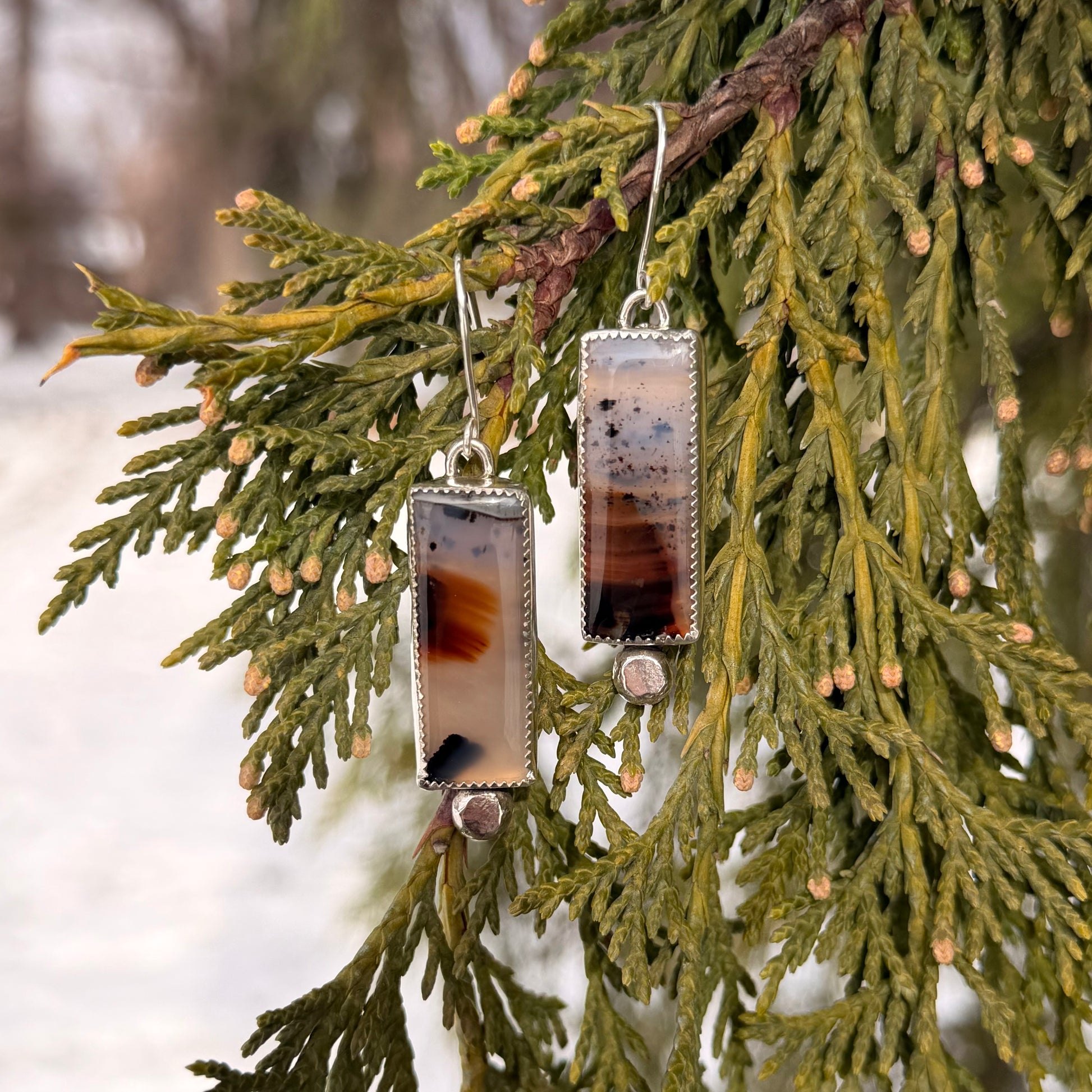 Pair of earrings with a rectangular design hanging on a branch with green leaves.
