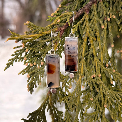 Pair of earrings with a rectangular design hanging on a branch with green leaves.