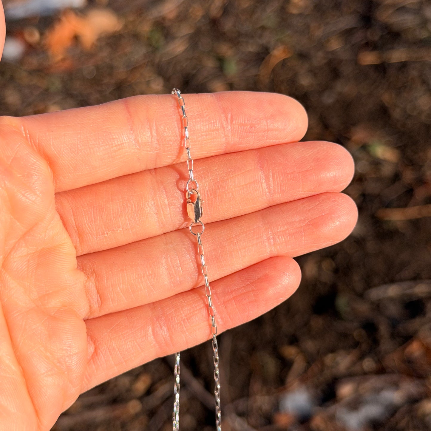 Silver chain held between fingers against a blurred natural background